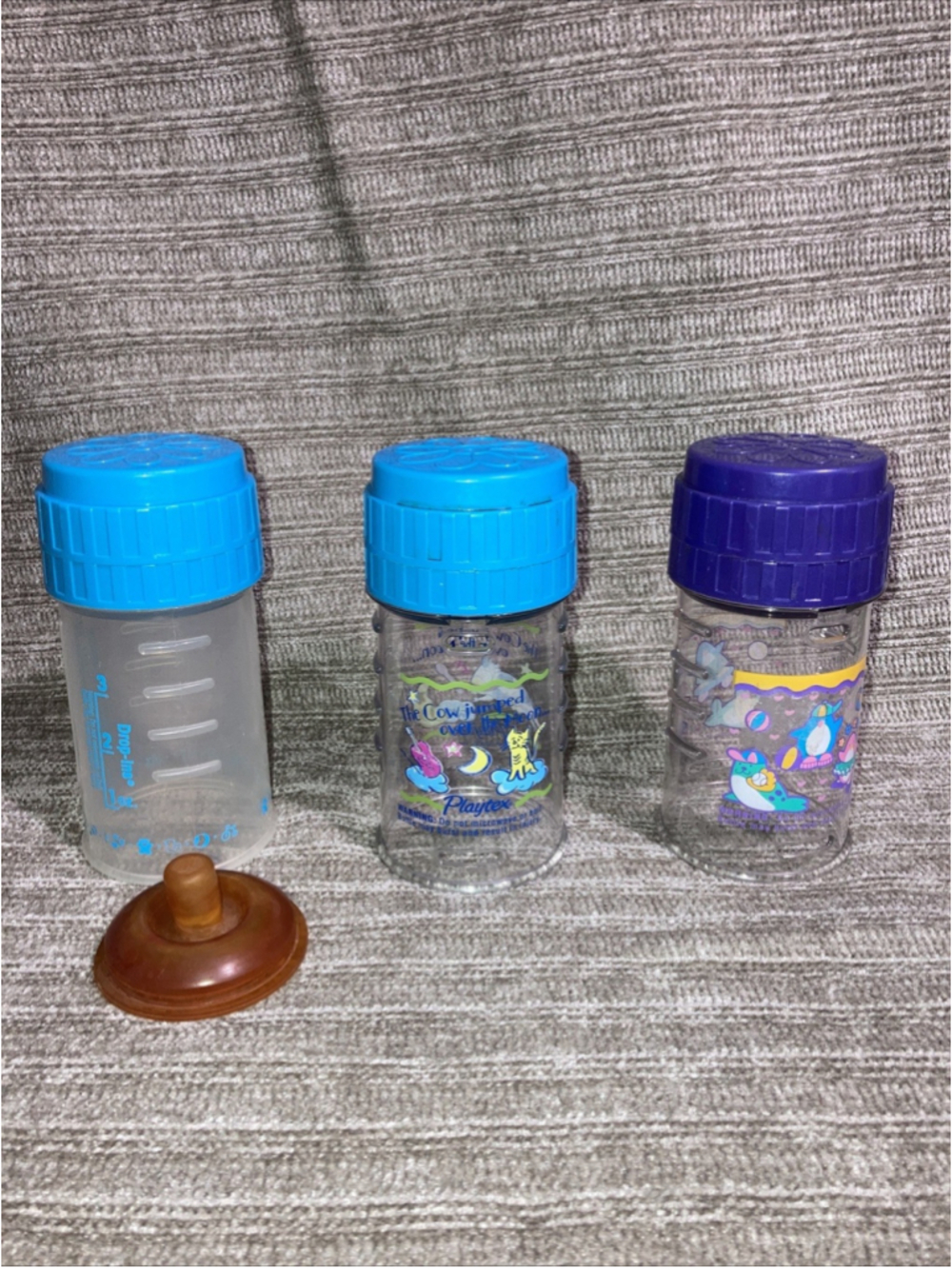 3 Vintage Playtex Baby 4oz Nurser Bottles Nursery Rhyme 1 Flat Top Latex Nipple
